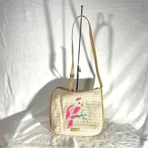 Vera Bradley Tan Straw Crossbody Bag with Pink Parrot Embroidery